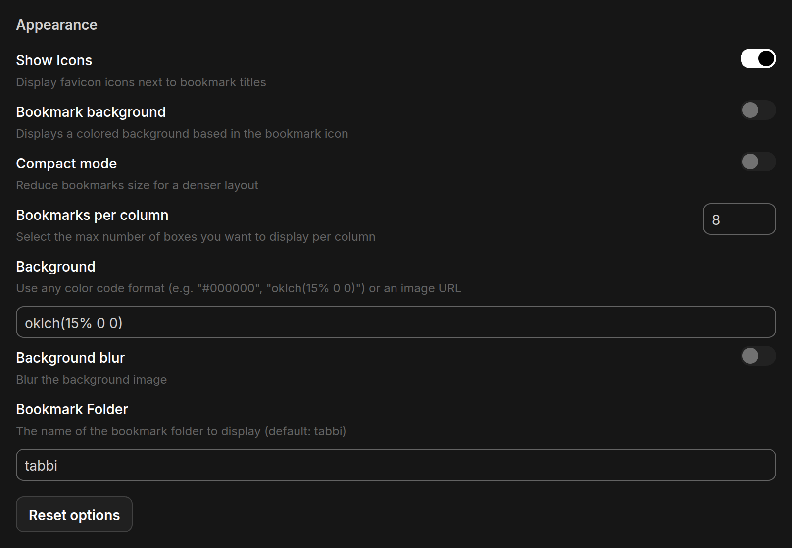Tabbi customization menu.